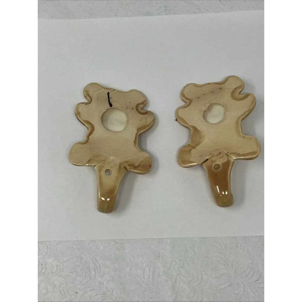2 VTG Ceramic Teddy Bear Pink Bow Wall Hook Hangers Set Baby Girl Nursery Beige